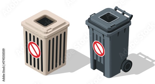 Modern trash cans promoting recycling and proper disposal, ideal for urban planning and environmental awareness projects