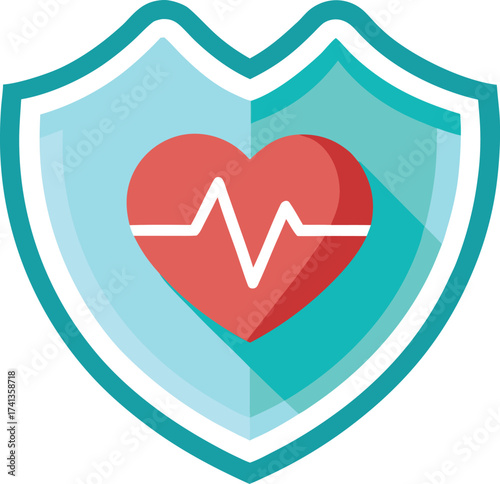 Health Insurance Shield with Heartbeat and Cardiogram vector illustration