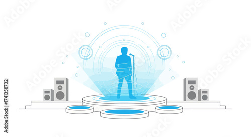 Silhouette of a performer on a futuristic stage with speakers.