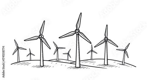 Hand-drawn Wind Turbines Generating Clean Energy on Hills.