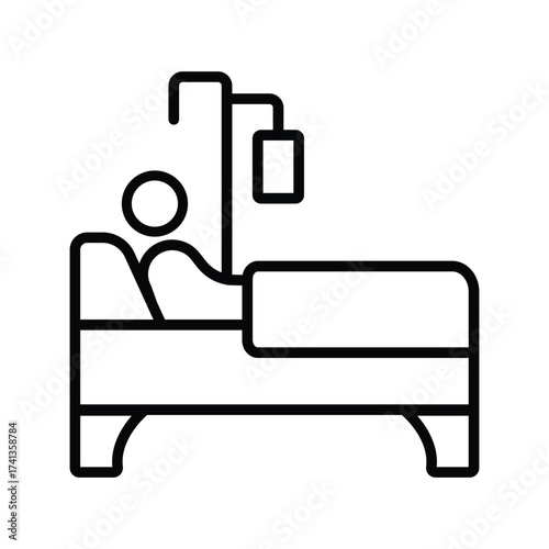 Black Outline Icon of Patient Receiving IV Drip in Hospital Bed, Minimalist Vector Illustration for Medical Care and Illness