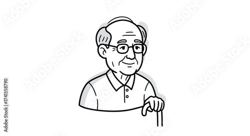 Elderly Man with Glasses and Cane Cartoon Portrait.