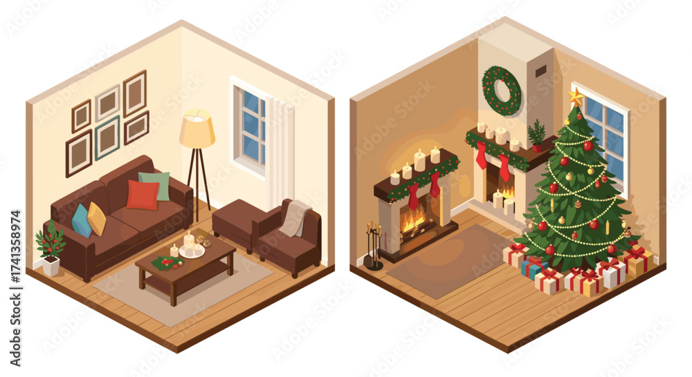 Fototapeta premium Christmas and Cozy Living in These Adorable Isometric Rooms, Perfect for Holiday Greetings and Festive Designs this Season