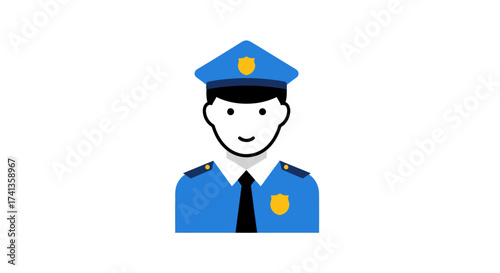 Cartoon police officer in uniform with badge and hat.