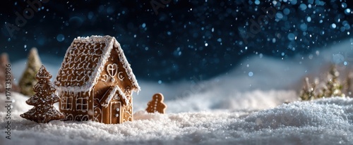 The enchanting gingerbread house surrounded by snowflakes and festive charm.