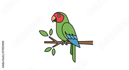 Green parrot with red face perched on a branch with leaves.