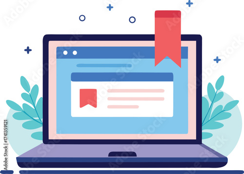 Laptop Displaying Web Page with Bookmark and Leaves computer technology