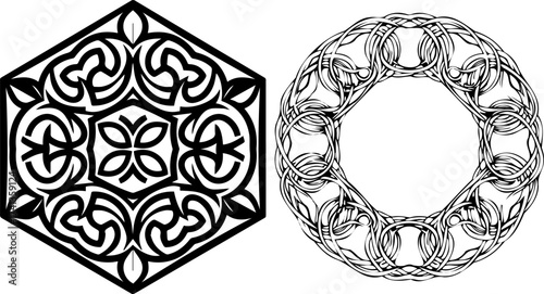 Intricate Black and White Hexagonal Ornament with Floral and Swirl Designs.