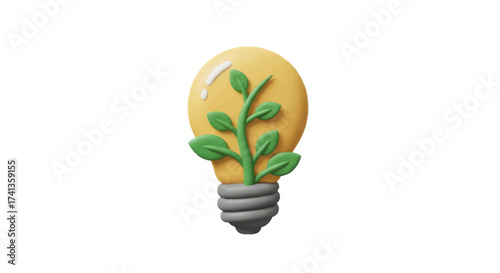 A 3D clay-style yellow lightbulb with a green plant growing inside symbolizing eco-friendly ideas.