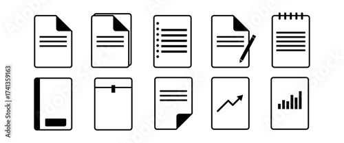Document Outline Icon Collection with Files, Reports, Notes, and Business Paper Symbols for Office and Digital UI