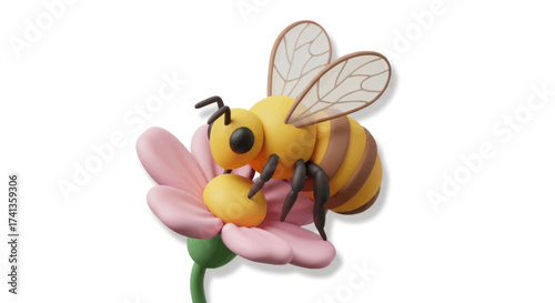 Cartoon Bee on Pink Flower with Transparent Wings.