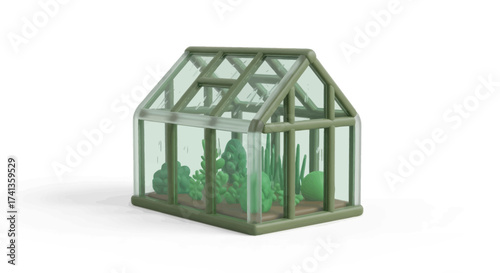 Miniature Greenhouse with Green Plants Inside Small Scale Model.