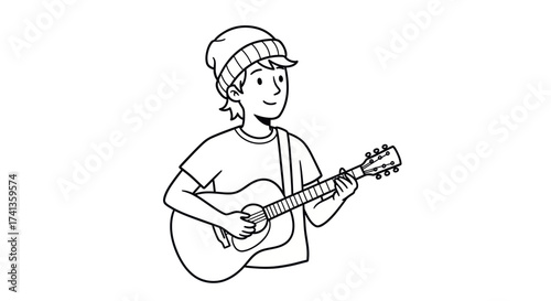 Line Art Drawing of Young Person Playing Acoustic Guitar with Beanie.