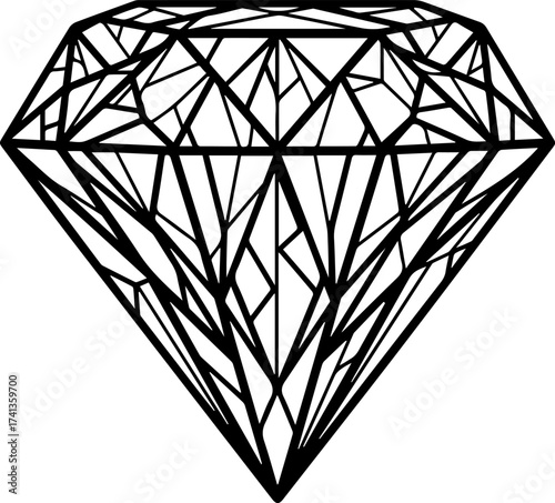 Geometric Diamond Illustration with Intricate Black Lines and Facets.