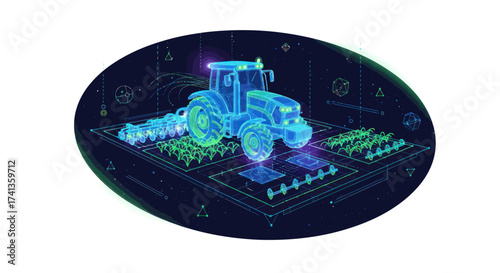 Futuristic Holographic Tractor in a Digital Farm Field.