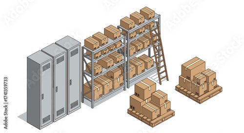 Warehouse storage solution with neatly stacked boxes on shelves and pallets, offering organization and easy access to goods and inventory