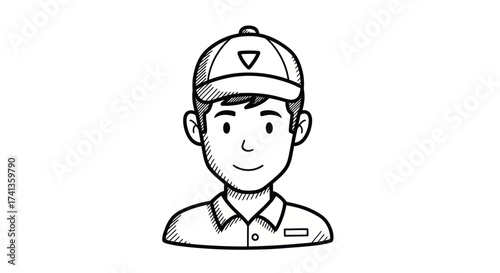 Hand-drawn illustration of a young man wearing a baseball cap and collared shirt.