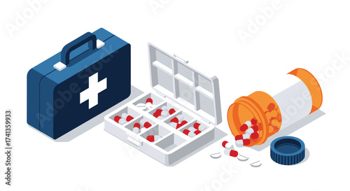 First aid essentials - a modern illustration of a kit, pills, and organizer for health and wellness promotion