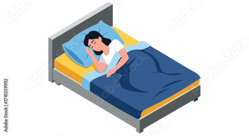 Woman sleeping soundly in bed after a long day, restful sleep concept for health and wellness campaigns, promoting sleep products and relaxation techniques
