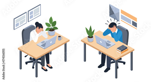 Stressed colleagues struggling with deadlines in isolated workspaces, feeling overwhelmed and anxious about work challenges, needing a break and emotional support