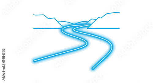 Glowing Neon Blue River Winding Through Stylized Mountains.