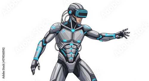 Futuristic Man in Virtual Reality Headset and Glowing Cybernetic Suit.