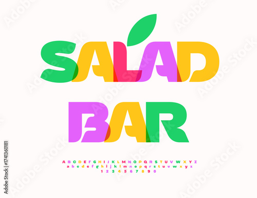Vector Watercolor label Salad Bar. Bright Transparent Font, Colorful set of Artistic Alphabet Letters and Numbers