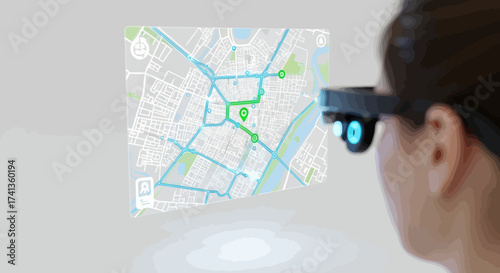 Person wearing augmented reality smart glasses viewing holographic navigation map.