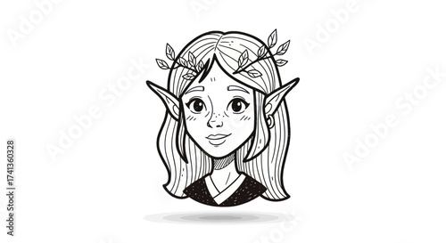 Black and White Line Art Drawing of an Elf Girl Head with Pointed Ears and Leaves.