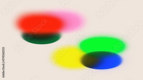 Abstract blurred color shapes with vibrant red, pink, green, yellow and blue hues on light background, ideal as wallpaper for art, design and creative projects