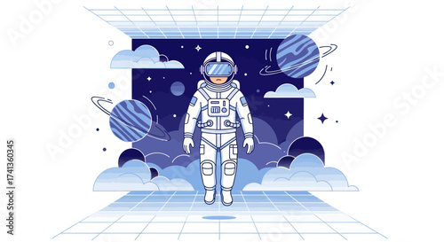 Astronaut in VR Exploring Virtual Space with Planets and Clouds.