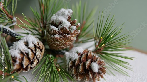 Christmas Corner with Fresh Pine Branches: Detailed Needles, Frosted/Natural Pine Cones, Warm Fairy Lights, Soft Mint Green Matte Background