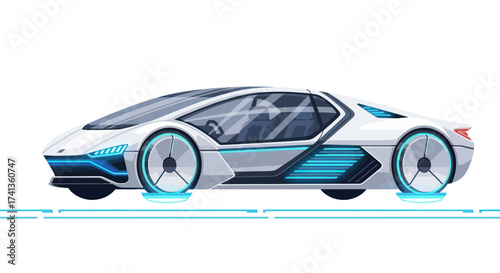 Sleek White Futuristic Concept Car with Blue Accents and Glowing Wheels.