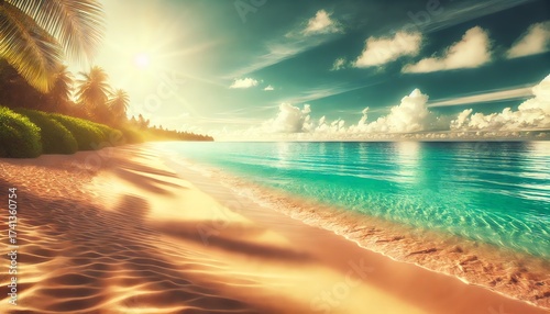 A breathtaking tropical beach at midday, with soft golden sand stretching towards a calm turquoise ocean