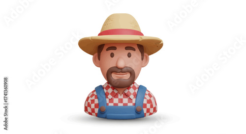 3D Rendered Cartoon Farmer Wearing Straw Hat and Overalls.