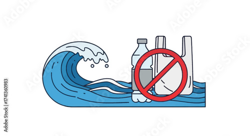 Blue Ocean Wave with No Plastic Waste Symbol Illustration.