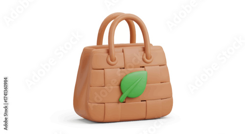Woven Terracotta Handbag with Green Leaf Accent.