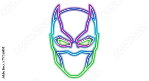 Neon Superhero Mask with Pointed Ears and Colorful Outline on White.
