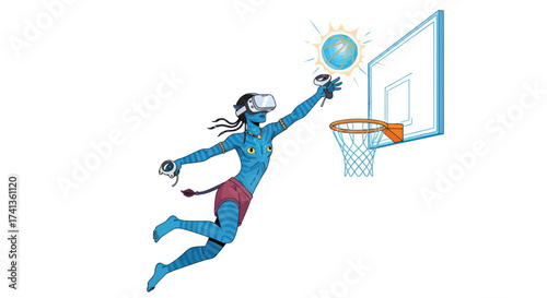 Avatar-like Figure Playing Basketball in Virtual Reality.