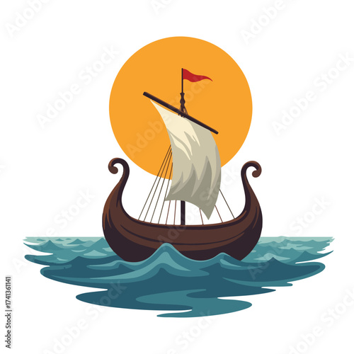 Leif Erikson Day flat vector illustration celebrating ancient Norse explorers, Viking ships, Nordic patterns, and historical adventure with bold, clean, minimal design style.