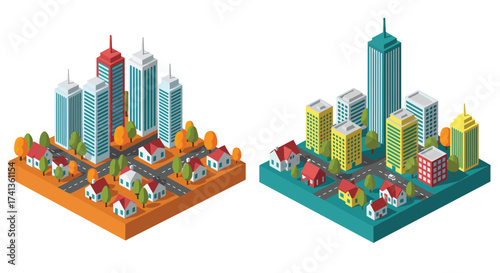 Isometric cityscapes showcase urban planning and design with modern buildings, cozy homes, and vibrant trees in an engaging and colorful presentation