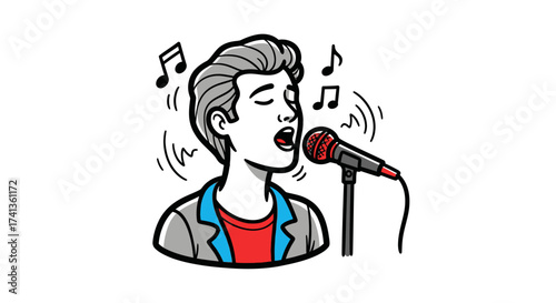 Cartoon Man Singing into Microphone with Musical Notes.