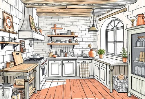 Rustic style kitchen sketch, charming details, vintage feel,  cooking,   vegetables