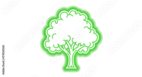 A stylized glowing green tree with a fluffy canopy and visible branches.
