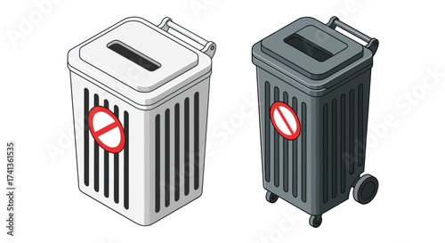 White and Gray Bins Marked with Red Prohibition Signs Representing Innovation, Waste Management, and Creative Strategy