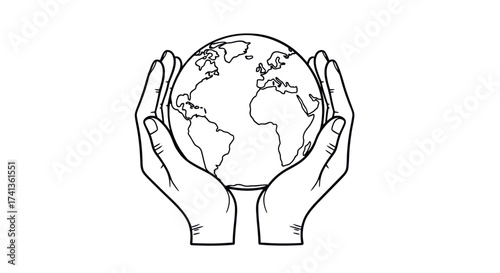 Hands cradling a detailed outline of planet Earth symbolizing global care and protection.