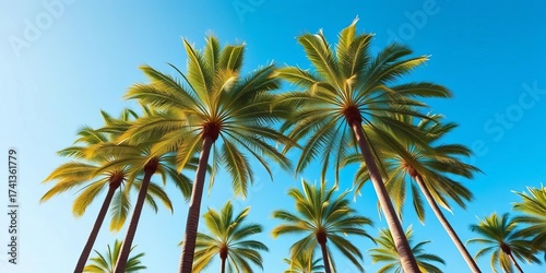 Majestic royal palm trees stand tall against a vibrant blue sky,  fronds,   plant