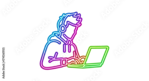 Stylized Outline of a Person Wearing Headphones and Using a Laptop.