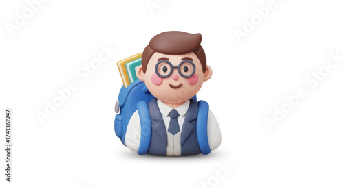 Cheerful cartoon boy with backpack and books ready for school.