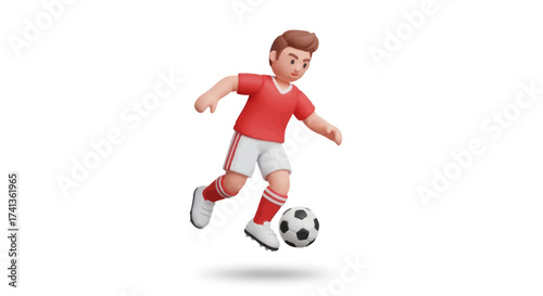 Cartoon 3D male soccer player in red uniform dribbling a ball.